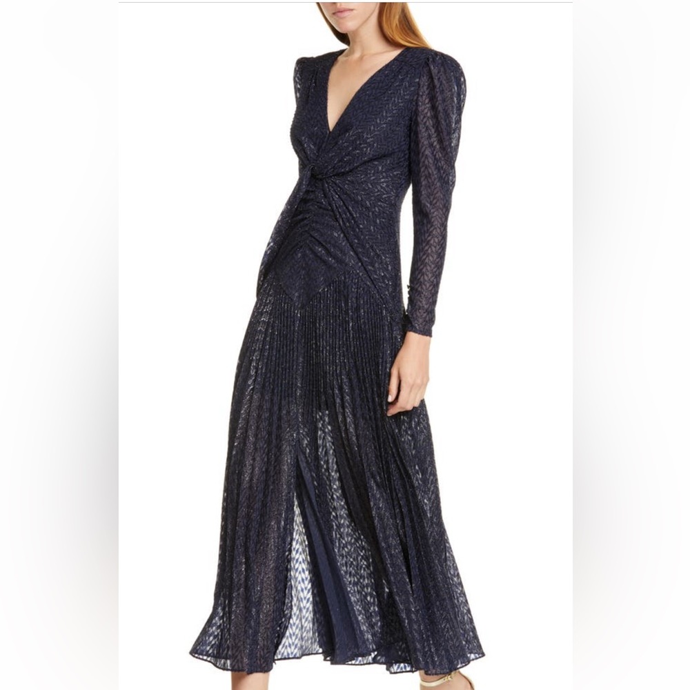 Self Portrait Metallic Fil Coupe Long Sleeve Midi Dress